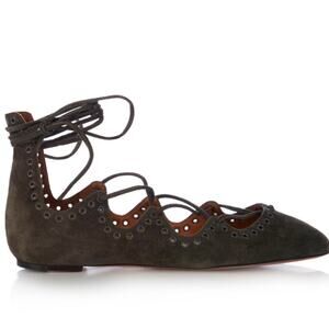 Isabel Marant Leoni Shearling Lined Tie Up Ballet Flats in Gray Green Size EU 40